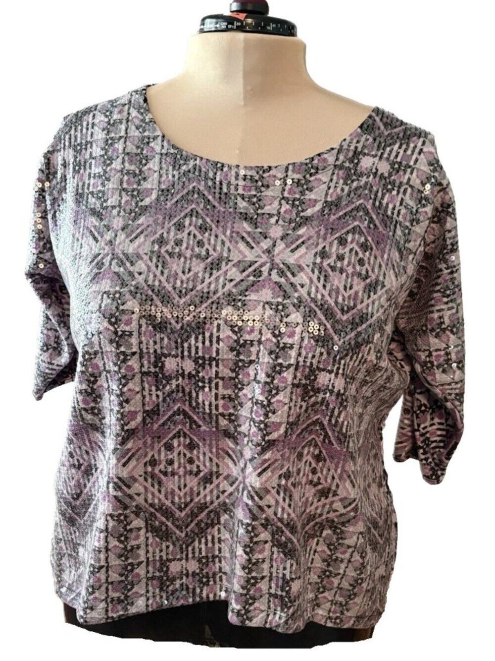 Style & Co Top Women Size M Purple Sequins 3/4 Sleeves Scoop Neckline NWT